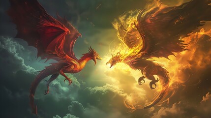 Wall Mural - Two dragons face each other in the sky. One is red, the other is covered in fire.