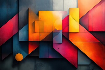 dynamic abstract composition of colorful geometric lines overlapping shapes and bold hues create a sense of movement and energy on a striking background