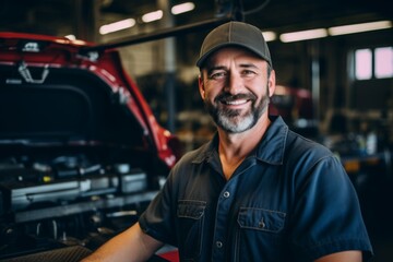 Wall Mural - Portrait of a middle aged male car mechanic in workshop