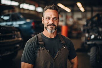 Wall Mural - Portrait of a middle aged male car mechanic in workshop