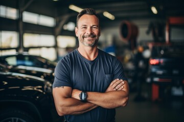 Wall Mural - Portrait of a middle aged male car mechanic in workshop