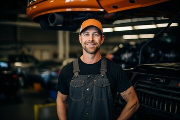 Wall Mural - Portrait of a middle aged male car mechanic in workshop