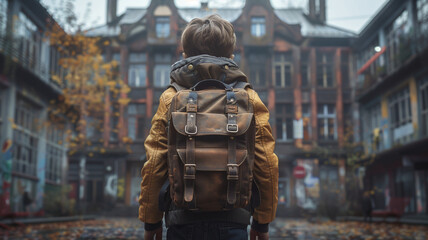 Girl standing with backpack close-up rear view