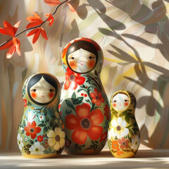 Discover the charm of these beautifully painted Russian nesting dolls surrounded by artistic shadows