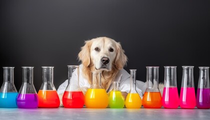 golden retriever in a lab coat surrounded by colorful science beakers, conducting experiments in a p