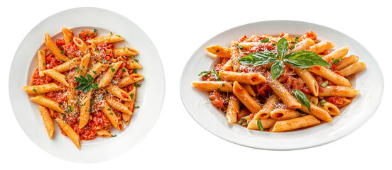 Top and side view of Italian penne pasta Arrabbiata with tomato sauce, garnished with fresh basil and Parmesan cheese, served on white plates, isolated on transparent background