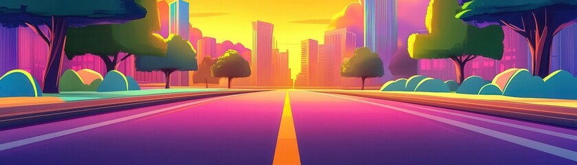 road through an animated comic book world, vibrant colors, flat design, front view