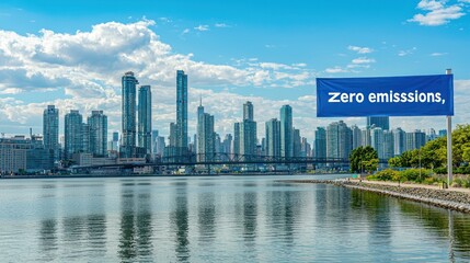 A city skyline with a banner reading 