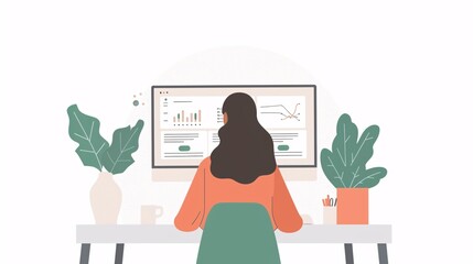 Poster - Woman Working on Computer with Charts and Graphs