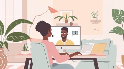Poster - Woman on Video Call with Man  Working From Home  Online Meeting  Virtual Communication
