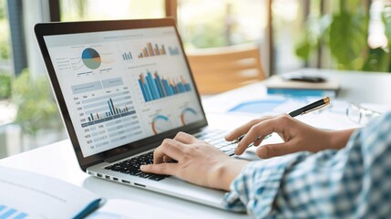 Poster - Businesswoman Working on Laptop with Charts and Graphs