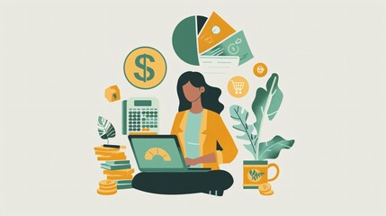 Poster - Woman Working on Laptop with Financial Data and Icons