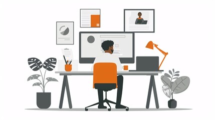 Poster - Man Working at Computer Desk with Plants and Lamp