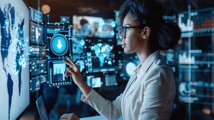 Poster - Businesswoman Working On A Computer With Global Data And Information On The Screen