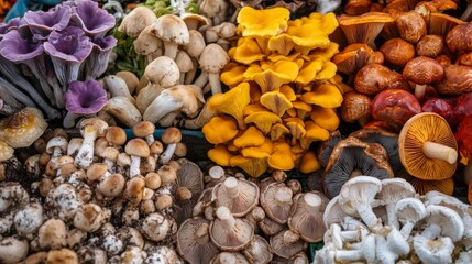 Aufkleber - A vibrant display of colorful, exotic mushrooms on a farmer's market stall, with a variety of shapes and sizes