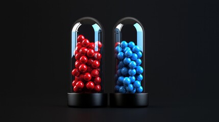 Two medical pills, red and blue drug gel capsules isolated on black background. The right choice metaphor, important decision symbol concept, red pill and blue pill 3d illustration