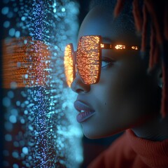 Sticker - Woman With Futuristic Glasses Interacting With A Projected Hologram Of Data Information.