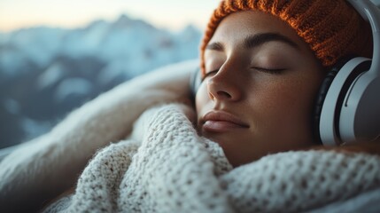 A person dressed in a warm, knitted sweater and a beanie, with large headphones on, is relaxing possibly against the window of a transportation vehicle, evoking a serene travel mood.