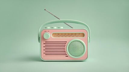 Antilo radio illustration, 80s and 90s, retro colors on pastel green pink neon light background, copy space.