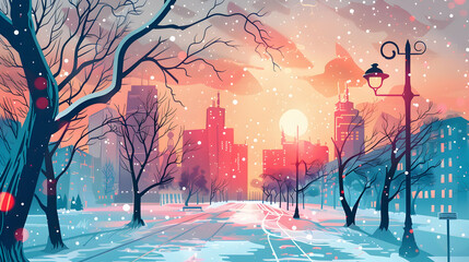 Wall Mural - modern abstract winter illustration with big towers in background, pop art