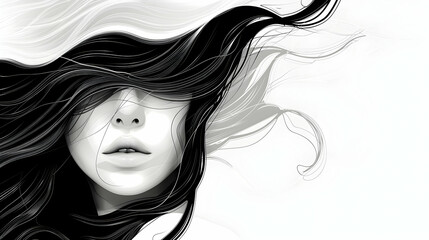 modern woman with hair blowing in the wind, black white colors as banner illustration