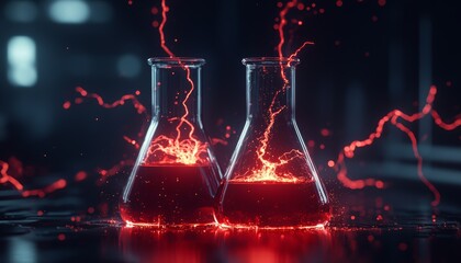 Lightning strikes a pair of beakers with mysterious red fluid, creating an intense and futuristic laboratory experiment scene