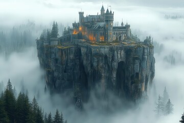 Wall Mural - fantastical castle perched on towering rock formation misty forest below ethereal lighting