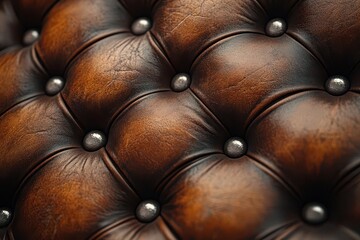 extreme closeup of vintage brown leather upholstery rich texture punctuated by gleaming silver buttons exuding timeless elegance