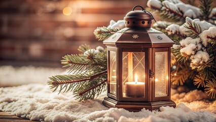 Poster - christmas lantern on snow with fir branch