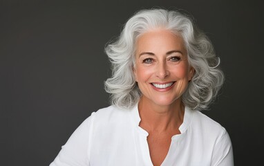 Smiling older woman with silver hair in a white blouse, representing confidence, wisdom, and the beauty of aging gracefully