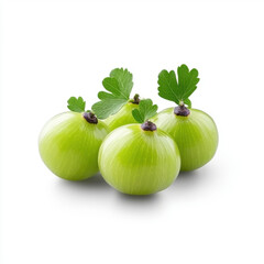 Wall Mural - Close-up of fresh green gooseberries with leaves placed on a white background, showcasing their natural texture and color.