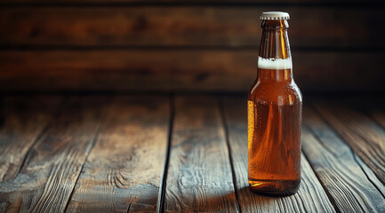 Wall Mural - Bottle of beer on wooden background with space for text, created with Generative AI technology