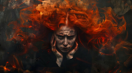 Wall Mural - Fiery haired woman in wrath, clutching her skull, forward gaze, on a somber backdrop, embodying anger