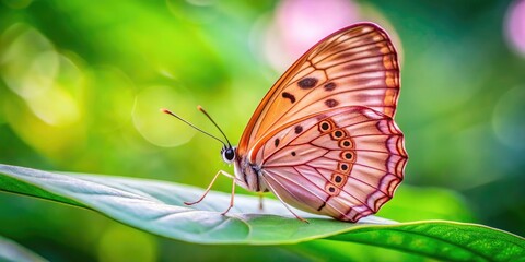 Wall Mural - Delicate pink butterfly with intricate wing patterns perches on a soft green leaf, its antennae twitching slightly, surrounded by a blurred natural background.