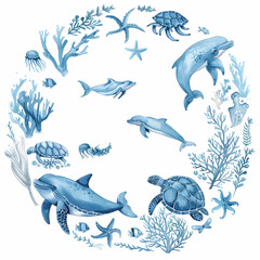 Wall Mural - frame of sea animals. Blue watercolor ocean fish wreath, turtle, whale and coral.