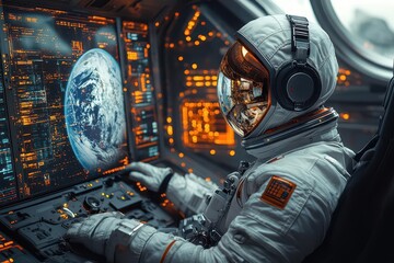 futuristic space station interior with an astronaut wearing hightech headphones surrounded by advanced technology and earth view