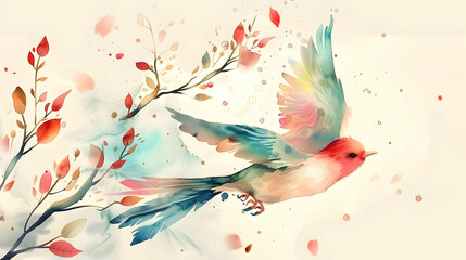 Poster - Hand drawing watercolor flying cartoon bird witm leaves, branche