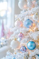 Sticker - elegant white Christmas tree, adorned with blue, pink, white, and crystal ornaments, creating a magical snowy winter wonderland atmosphere