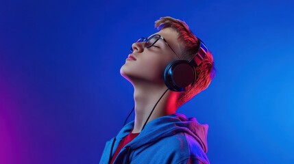 Hipster igen teen pretty fashion boy model wear stylish glasses headphones enjoy listen new cool music mix stand at purple studio background in trendy club blue party light, profile view