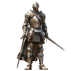 full body of knight wearing iron armor on a white background