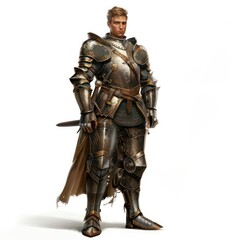 full body of knight wearing iron armor on a white background