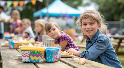 Children at a wooden table outdoors eating from lunch boxes with space for text, created with Generative AI technology