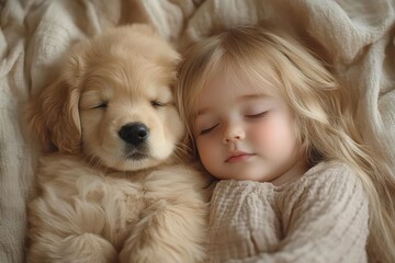 heartwarming companionship adorable toddler and fluffy puppy snuggled together on plush pastel blanket soft natural light emphasizes innocent expressions and the pure bond between child and pet