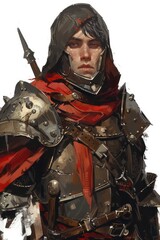 Wall Mural - portrait of a city guard, wearing iron armor, helmet and red cloak