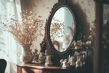 Wall Mural - Elegant vintage vanity scene with an ornate mirror, ceramic vases, dried flowers, and antique figurines