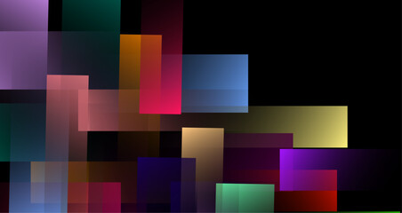 overlapping geometric shapes in various colors, set against a deep black background