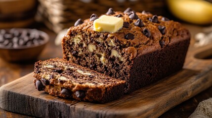 A freshly baked chocolate loaf sits on a wooden board, topped with a pat of vegan butter. The loaf is perfectly sliced to reveal rich chocolate layers and chips inside