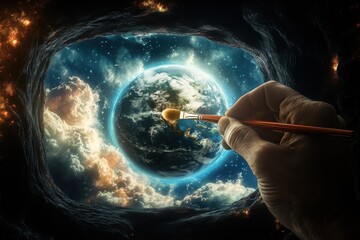 Aufkleber - A hand holding a paintbrush, painting the Earth inside an infinite black hole. The scene is epic, cinematic, and hyper-realistic
