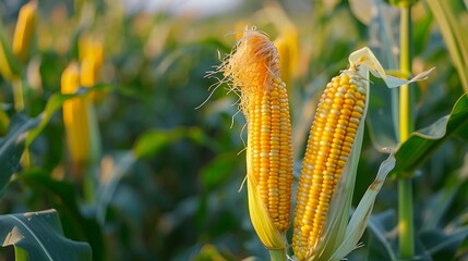 Detailed view of yellow corn growing in a field, showcasing the vibrant color and textures of the corn against a backdrop of green foliage