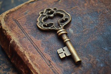 Close-up of an antique brass key resting on a weathered leather-bound book